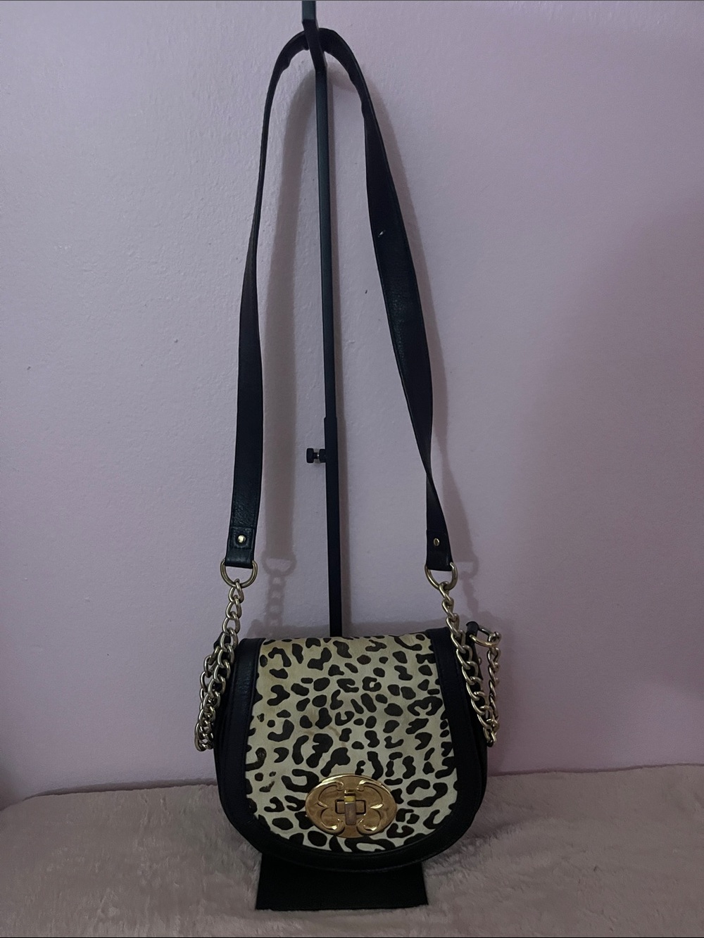 Emma Fox Leopard Print Crossbody Bag with Black Trim and Gold Hardware